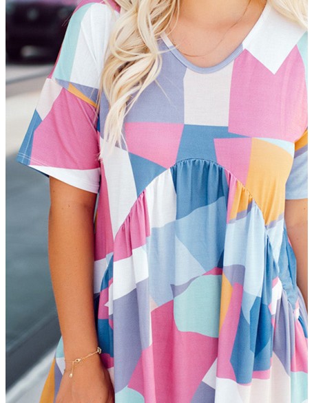 Contrast geometric pattern pleated dress