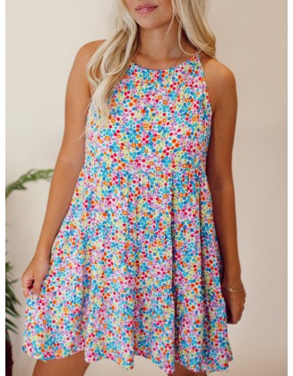 Floral patterned lace up hollowed out dress