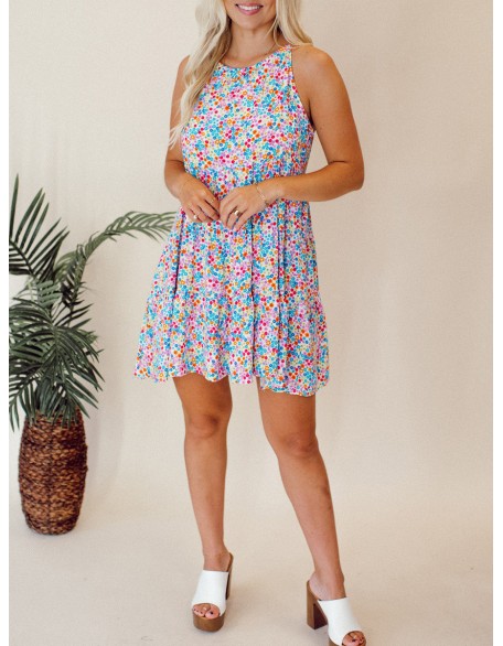 Floral patterned lace up hollowed out dress