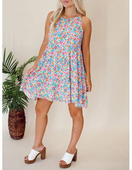 Floral patterned lace up hollowed out dress