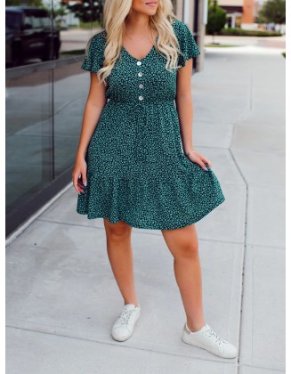 Green Flower Pattern Button Dress