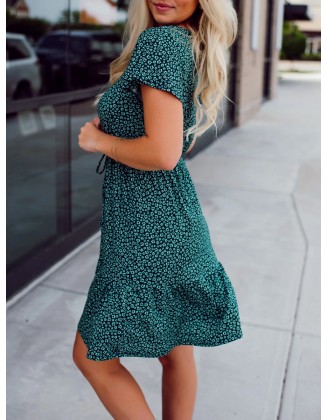 Green Flower Pattern Button Dress