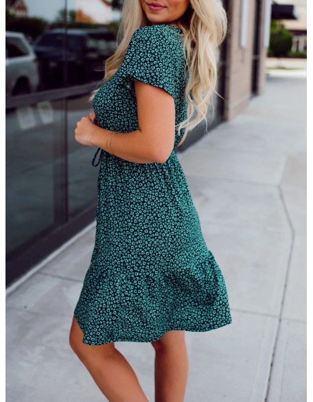 Green Flower Pattern Button Dress