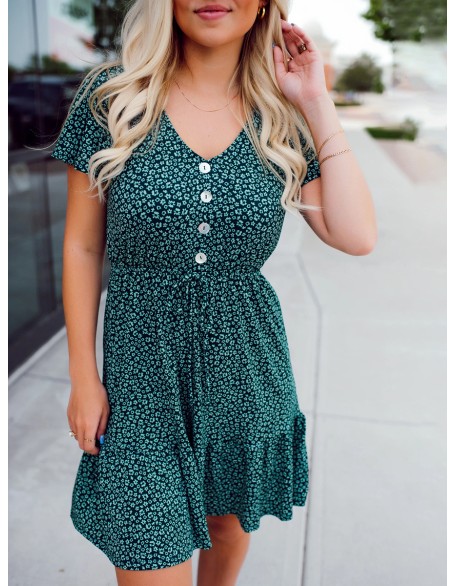 Green Flower Pattern Button Dress