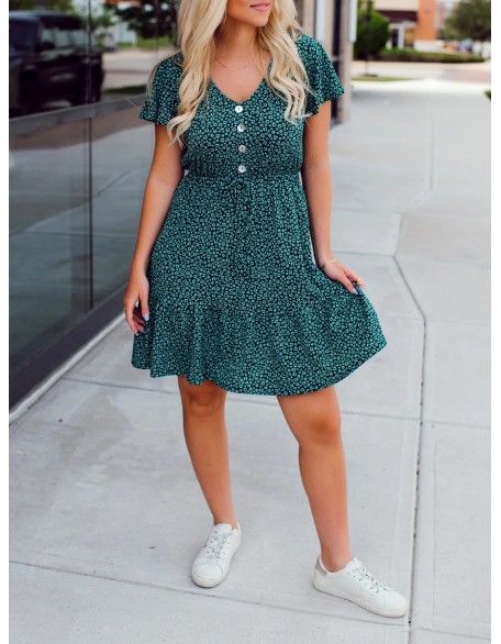 Green Flower Pattern Button Dress