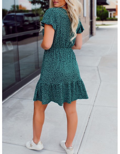 Green Flower Pattern Button Dress