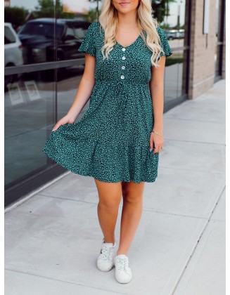 Green Flower Pattern Button Dress