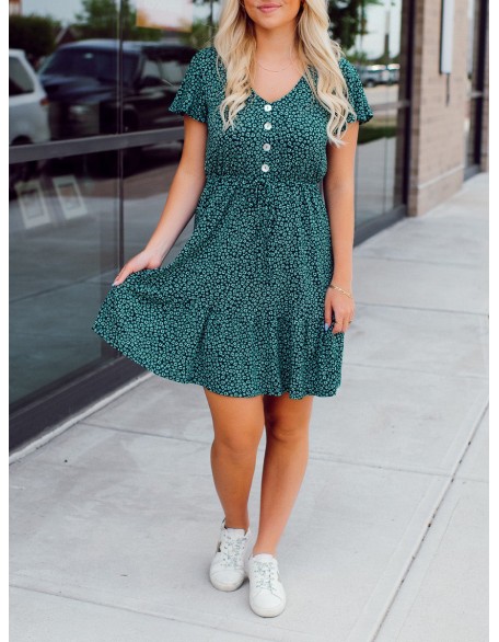 Green Flower Pattern Button Dress