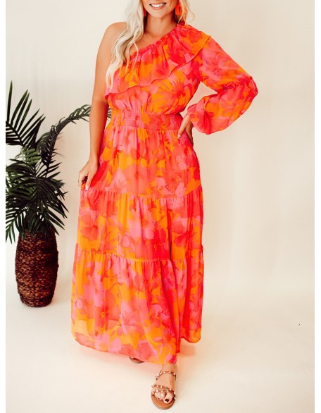 Rose Orange Flower Single Shoulder Long Dress