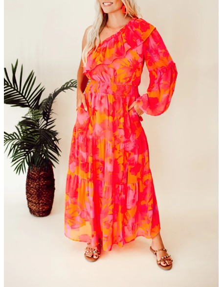 Rose Orange Flower Single Shoulder Long Dress