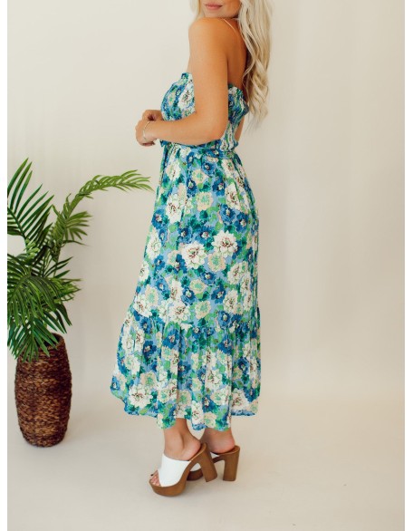 Floral patterned strapless mid length dress