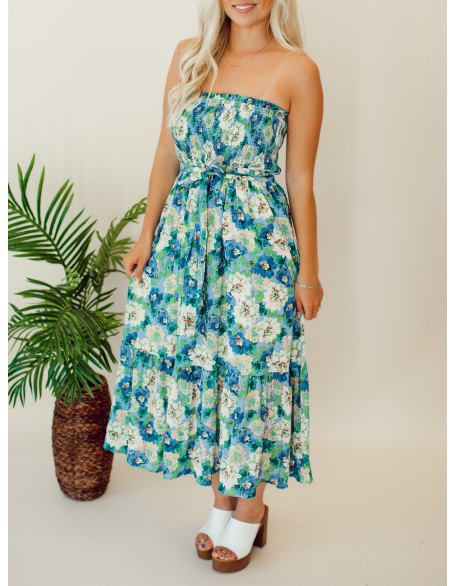 Floral patterned strapless mid length dress