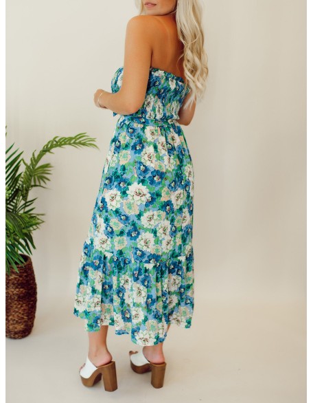 Floral patterned strapless mid length dress