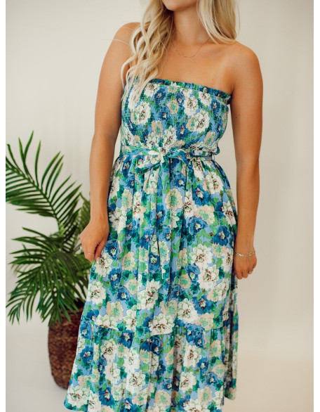 Floral patterned strapless mid length dress