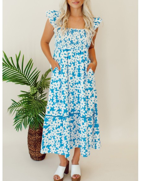 Blue floral pleated mid length dress