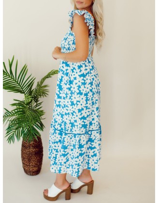 Blue floral pleated mid length dress