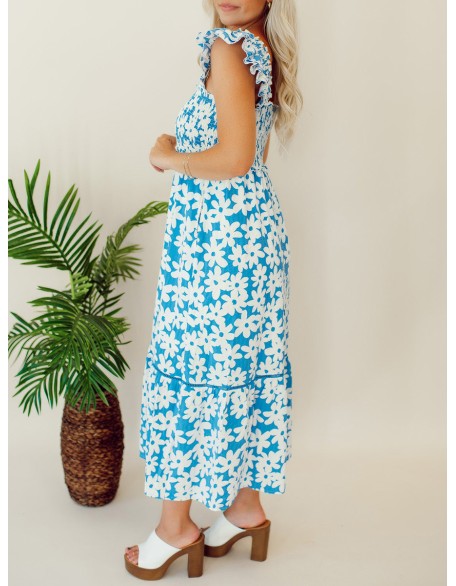 Blue floral pleated mid length dress