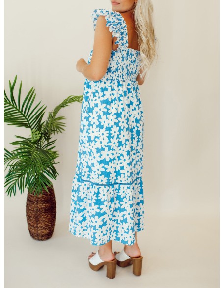 Blue floral pleated mid length dress