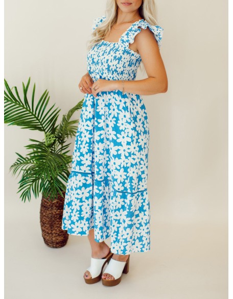 Blue floral pleated mid length dress