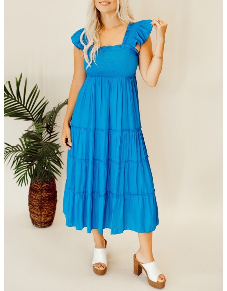 Blue pleated ruffled mid length dress