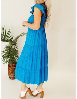 Blue pleated ruffled mid length dress