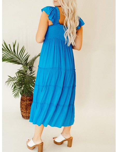 Blue pleated ruffled mid length dress