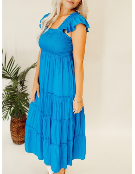 Blue pleated ruffled mid length dress