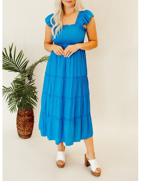 Blue pleated ruffled mid length dress