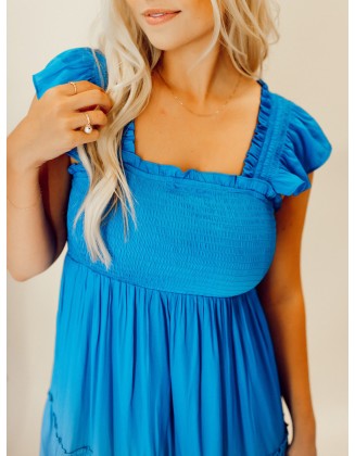 Blue pleated ruffled mid length dress