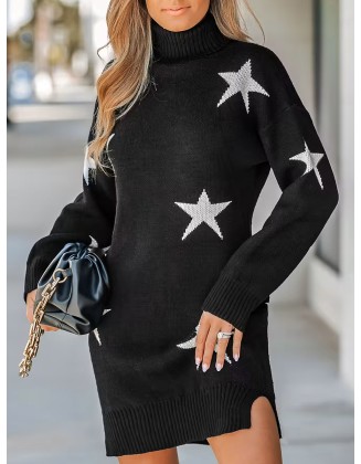 Women's Star Print Turtleneck Mini Sweater Dress