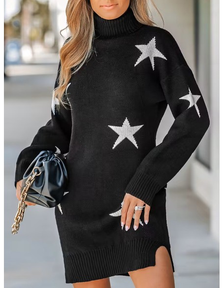 Women's Star Print Turtleneck Mini Sweater Dress