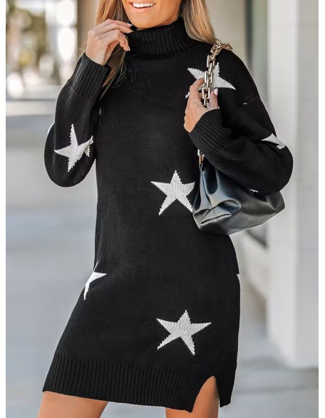 Women's Star Print Turtleneck Mini Sweater Dress