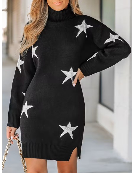 Women's Star Print Turtleneck Mini Sweater Dress