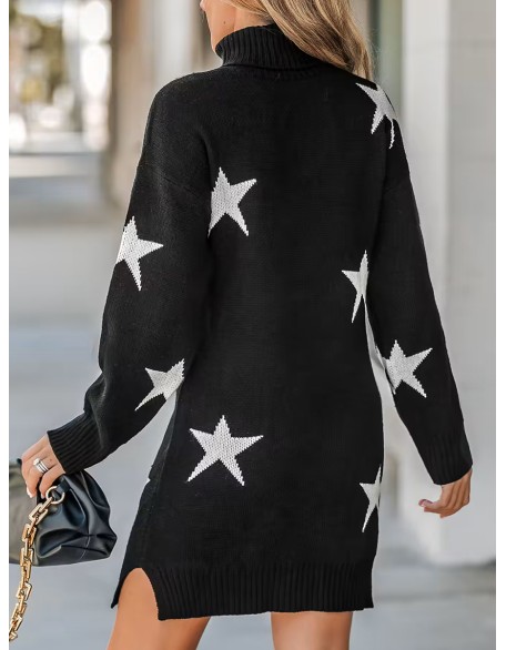 Women's Star Print Turtleneck Mini Sweater Dress