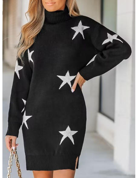 Women's Star Print Turtleneck Mini Sweater Dress