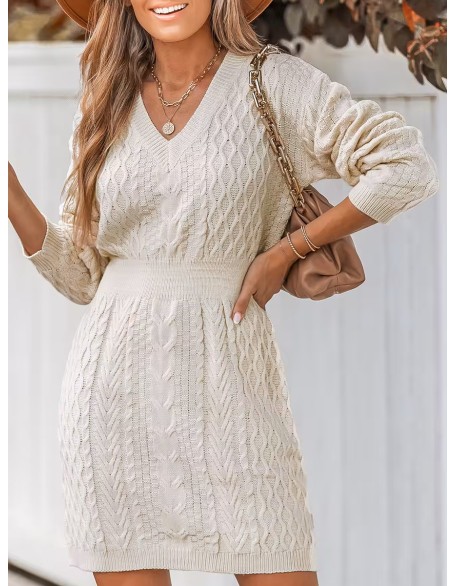 Women's Casual Cable Knit V-Neck Sweater Dress