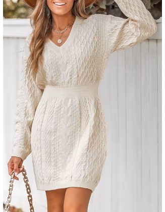 Women's Casual Cable Knit V-Neck Sweater Dress