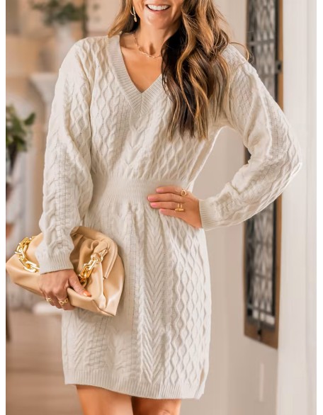 Women's Casual Cable Knit V-Neck Sweater Dress