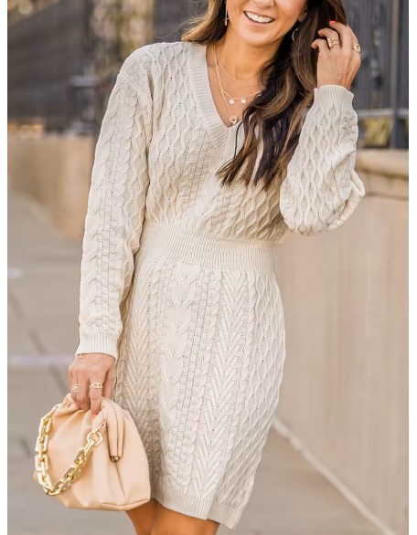 Women's Casual Cable Knit V-Neck Sweater Dress