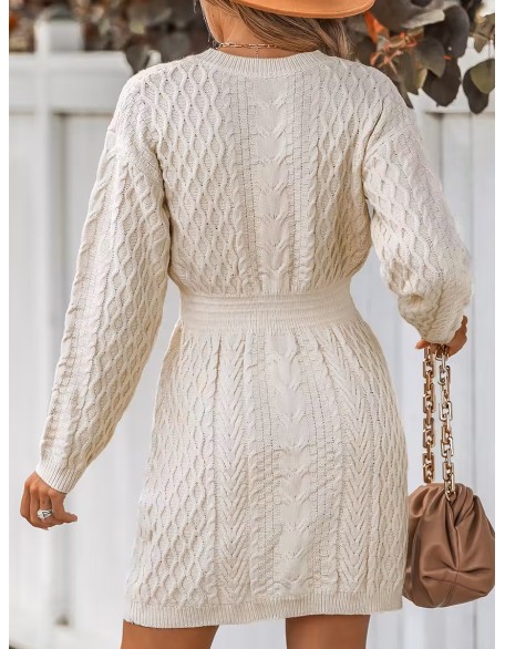 Women's Casual Cable Knit V-Neck Sweater Dress