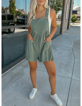 Linen wood buckle pocket jumpsuit shorts with straps