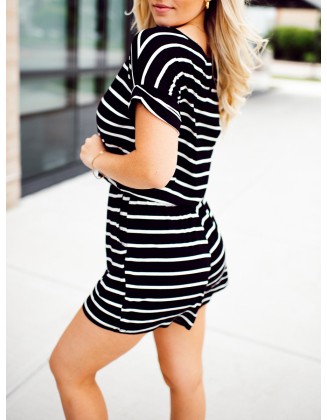 Black and white striped drawstring jumpsuit shorts