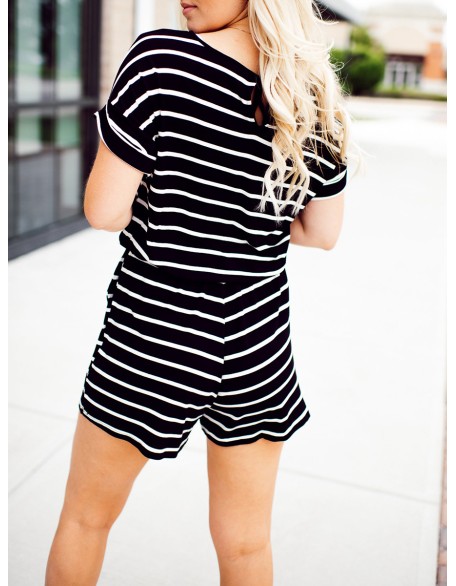 Black and white striped drawstring jumpsuit shorts