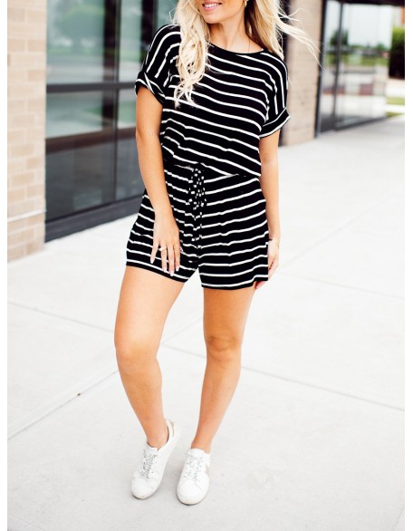 Black and white striped drawstring jumpsuit shorts