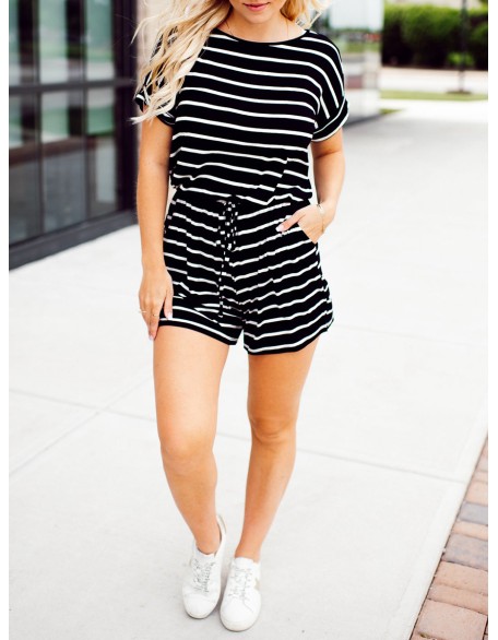 Black and white striped drawstring jumpsuit shorts