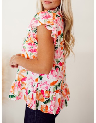 Pink and orange floral pattern pleated top