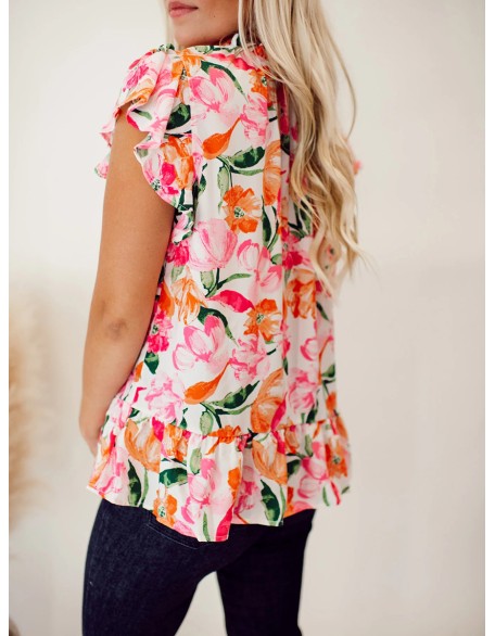 Pink and orange floral pattern pleated top