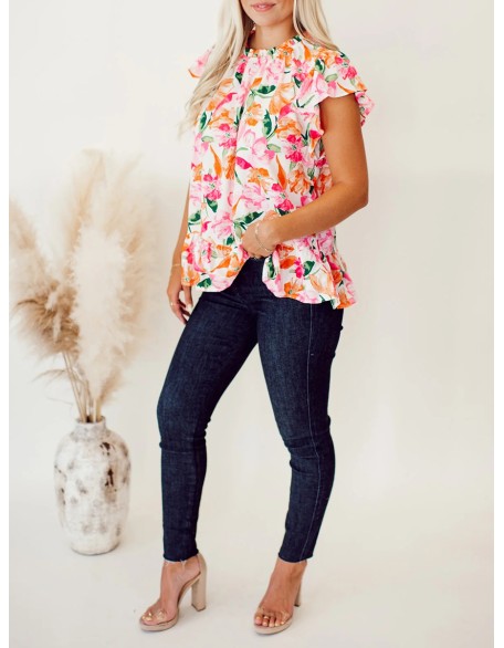 Pink and orange floral pattern pleated top