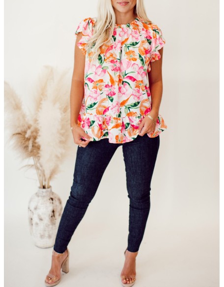 Pink and orange floral pattern pleated top