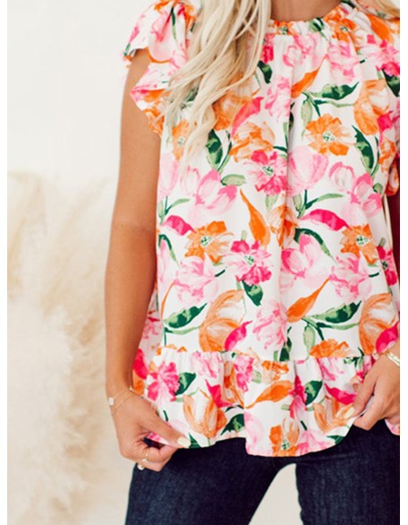 Pink and orange floral pattern pleated top